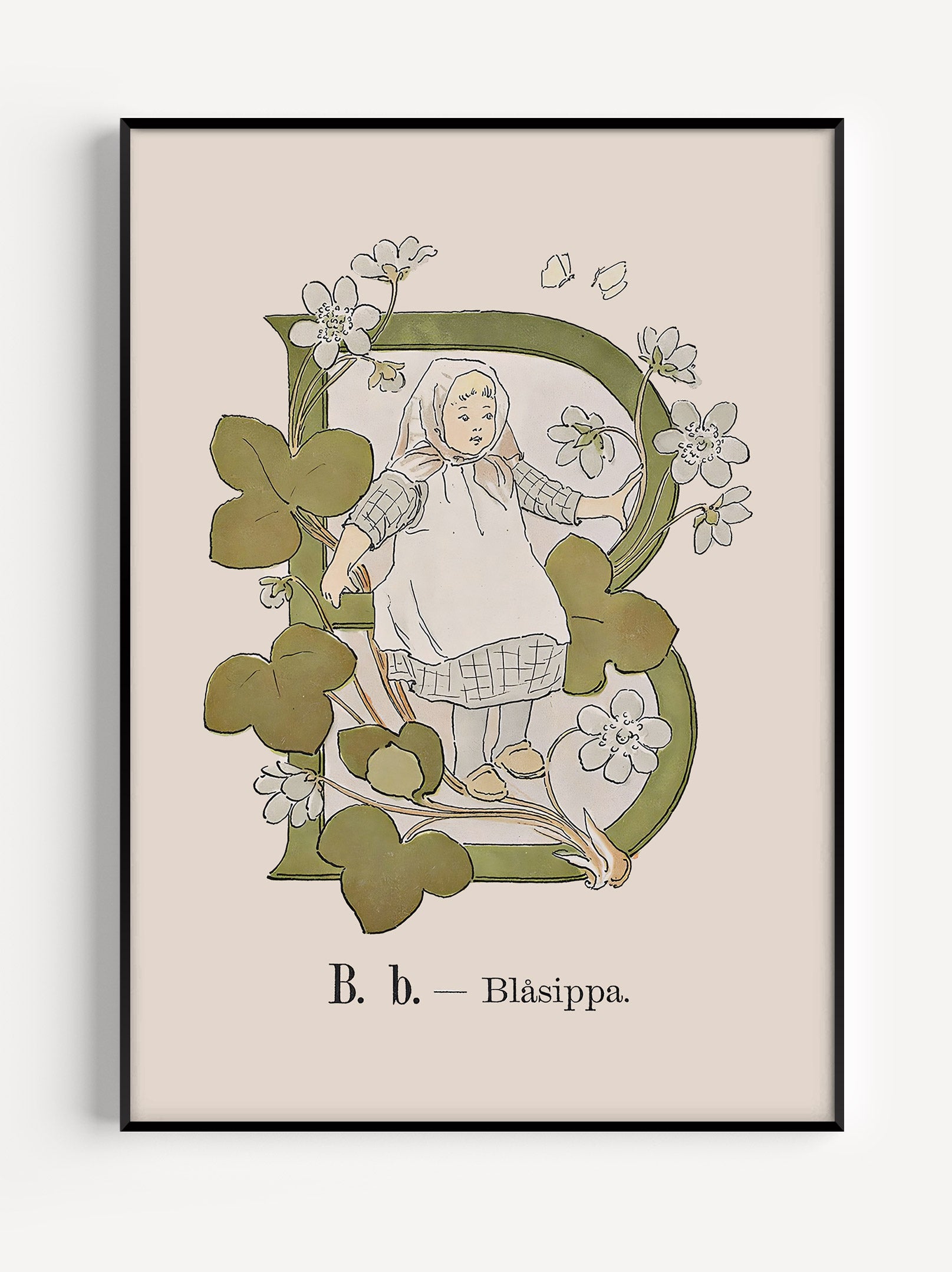 Prinsarnes Alfabet - Bokstaven B - Originalillustrationer av Ottilia Adelborg. Klassiska motiv från 1800-talet. Passar i vilket barnrum som helst.