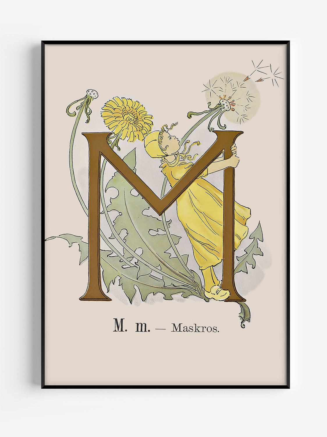 Prinsarnes Alfabet - Bokstaven M - Fine art prints - poster - av Ottilias originalillustrationer från 1800-talet.