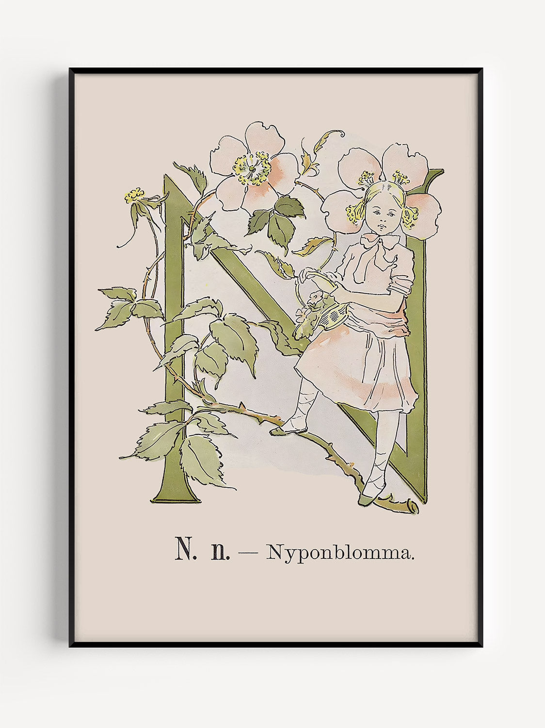 Prinsarnes Alfabet - Bokstaven N - Fine art prints - poster - av Ottilias originalillustrationer från 1800-talet.
